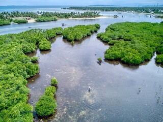 Mangrove channels with small boat near sandbar in tropical lagoon