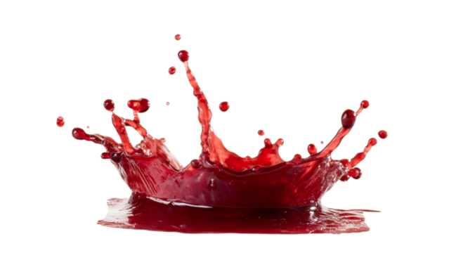Vibrant red liquid splash frozen in time against a transparent background