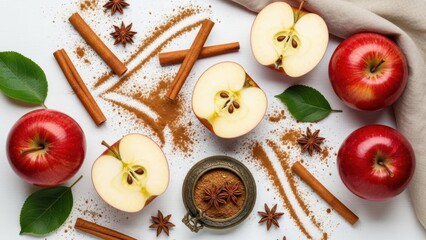 Apples and Spices: An overhead shot showcases the artful arrangement of vibrant red apples, fragrant cinnamon sticks, aromatic star anise, and a dusting of spice