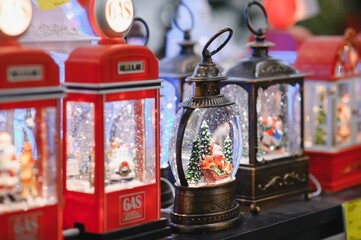 Christmas snow globes decorating holiday market display