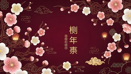 Festive Chinese New Year background with blooming plum blossoms, glowing lanterns, and traditional Asian clouds on a red banner