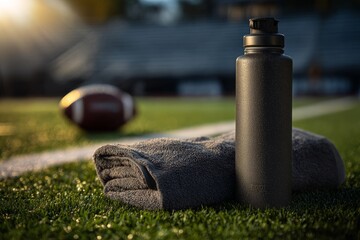 Sports water bottle and towel on football field in sunset light