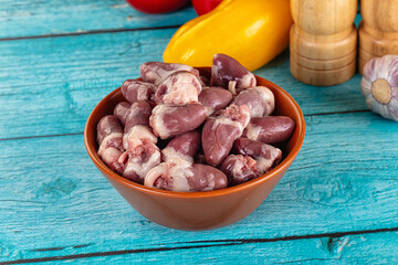 Raw chicken hearts for cooking