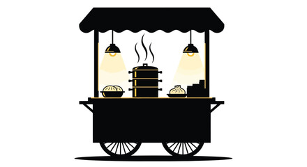 Indian Street Food Cart Silhouette Vector Icon with Steamer, Thela, and Chaat