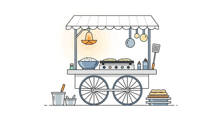 Clean Line Art Vector Illustration of Street Food Cart with Griddle, Hot Plate, and Cooking Tools