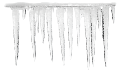 A row of sharp icicles hanging from an unseen surface against a transparent background