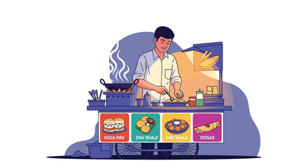 Modern Vector Illustration of Shawarma Street Food Cart with Vendor, Vertical Rotisserie, and Urban Lights
