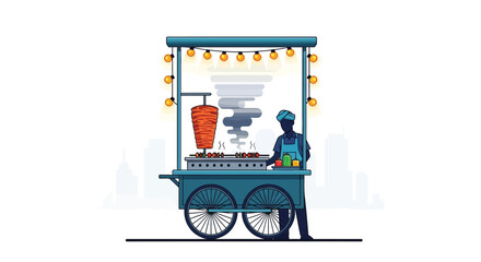 Modern Vector Illustration of Shawarma Street Food Cart with Vendor, Vertical Rotisserie, and Urban Lights