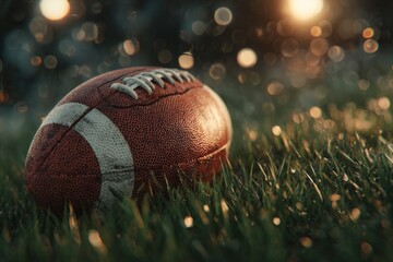 American football on green grass in golden evening sunlight