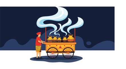 Colorful Vector Illustration of Indian Street Chai Tea Vendor Cart (Chai Wala Thela)