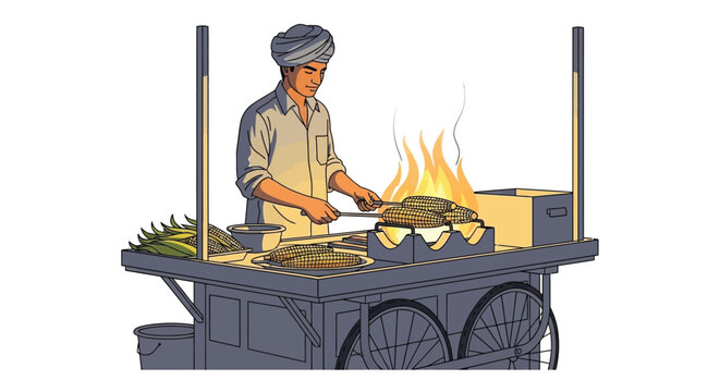Indian Street Food Vendor Grilling Roasted Corn (Bhutta Wala) Over Open Fire Vector Illustration