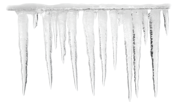 A row of sharp icicles hanging from an unseen surface against a transparent background