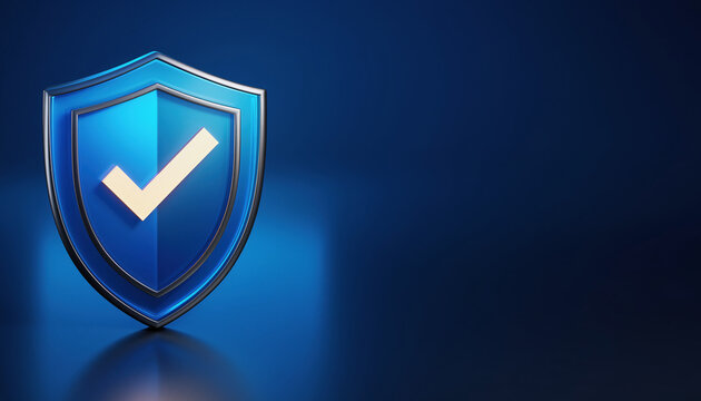 Secure Shield: A luminous blue shield, adorned with a checkmark, symbolizes security, protection, and approval, set against a sleek backdrop.