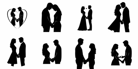 Diverse collection of romantic couple silhouettes: embracing, holding hands, and depicting love, marriage, and commitment vectors on white.
