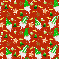A perfect cultural fusion with scandinavian gnomes and western christmas motifs on red  background. Christmas gnomes seamless pattern.