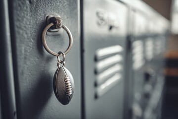 Football key chain hanging from locker room door