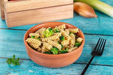 Italian vegan pasta fusilli with broccoli