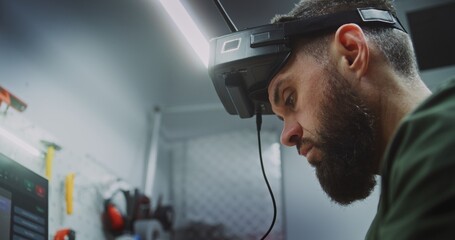 Close Up of Technician Calibrating FPV Drones. Man Checking Speed Controllers and Calibrating Components on Quadcopter Frames. Concept of Intensive Assembly and Calibration Process Drone Production.