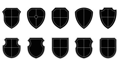 Collection of ten black heraldic shield silhouettes for design and emblems