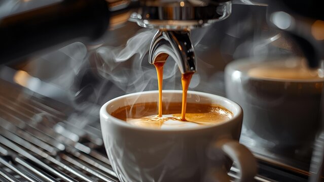 Close-up of espresso pouring from the coffee machine into a coffee cup.