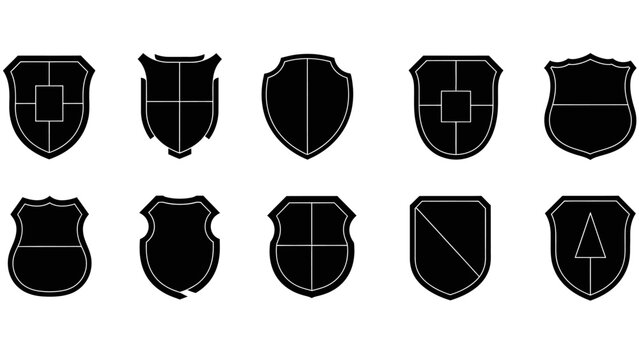 Set of ten black and white shield silhouettes for heraldry and design