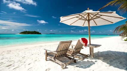 Two empty wooden lounge chairs sit under a large white beach umbrella on a tropical white sand beach with turquoise water and a small island in the distance, featuring a santa hat