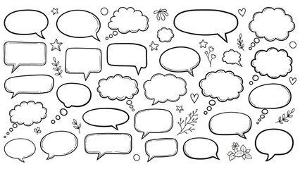 Fototapeta premium Hand drawn speech bubbles and thought bubbles doodle collection on white