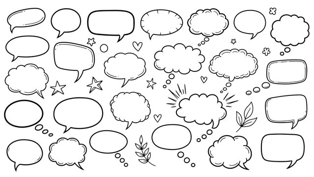 Hand drawn speech bubbles and thought bubbles set in doodle style illustration