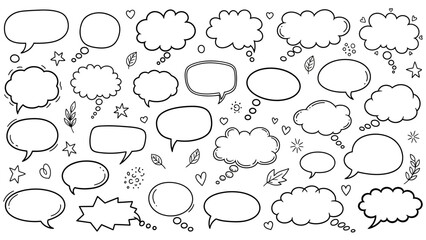 Fototapeta premium Hand drawn speech bubbles and thought clouds doodles vector set on white