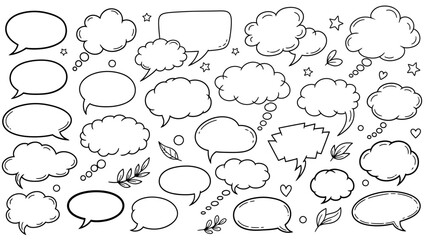 Hand drawn speech bubbles collection in various shapes and sizes on white