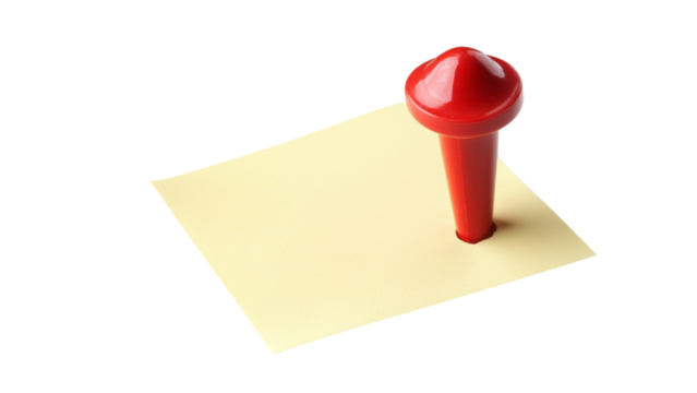 Bright red pushpin secures a yellow square note on a transparent background