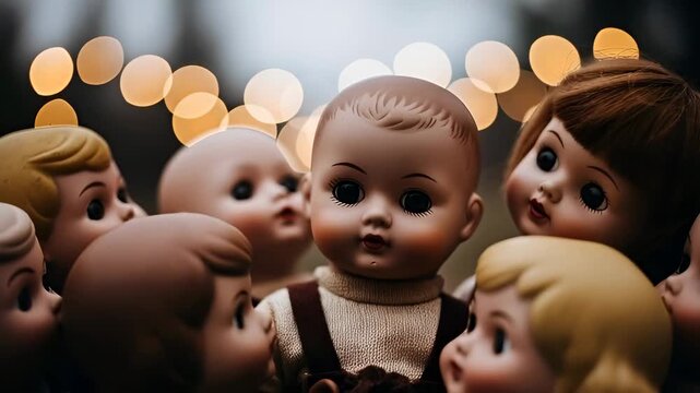 A group of eerie vintage doll heads with dark eyes under warm bokeh lights. Spooky toy collection concept for Halloween or mystery.