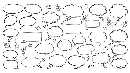 Fototapeta premium Hand drawn speech bubbles and thought clouds doodle set vector illustration