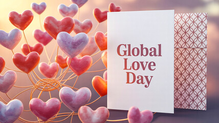 A vibrant display of heart-shaped balloons and a card announcing Global Love Day.