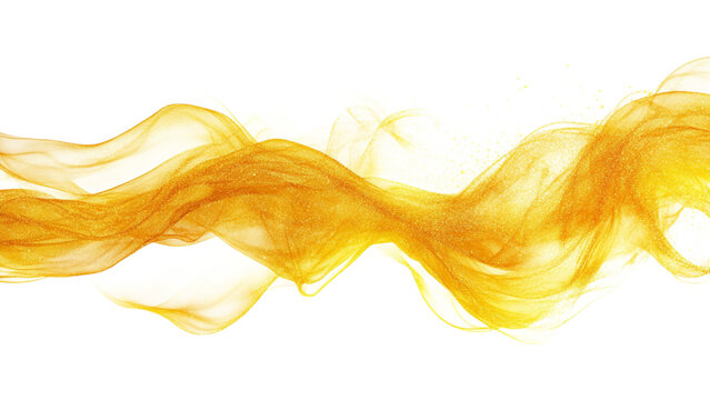 Golden swirling smoke and particles forming an abstract wave on a transparent background