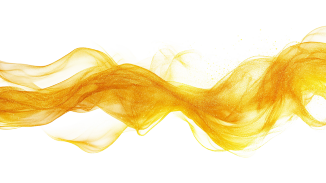 Golden swirling smoke and particles forming an abstract wave on a transparent background