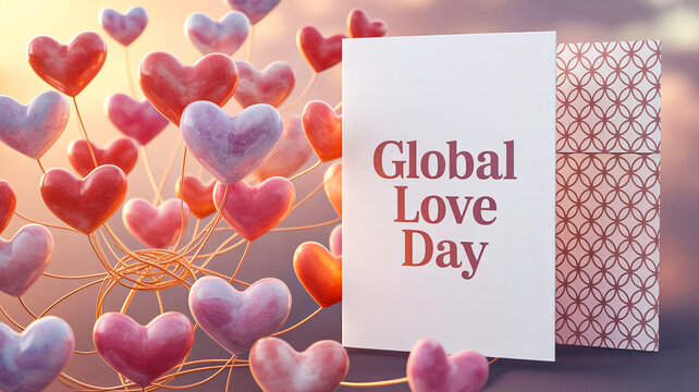 A vibrant display of heart-shaped balloons and a card announcing Global Love Day.