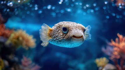 Close-up photograph of a pufferfish in a clear aquarium with blue water and bubbles