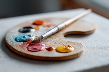 Close-up photograph of a wooden artist palette with vibrant paints and a brush resting on a pristine blank canvas