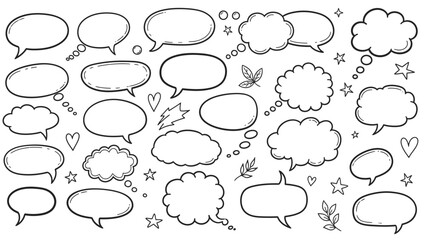 Fototapeta premium Hand drawn speech bubbles and thought clouds doodle style vector illustration