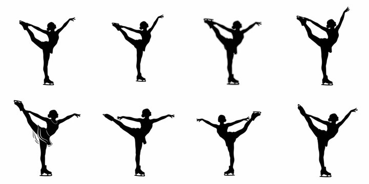 Figure skating silhouettes set showing various high-extension poses and graceful movements of a female athlete isolated on white.