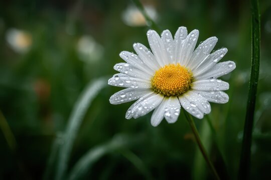 Close-up photograph of a white daisy with a yellow center in soft morning light