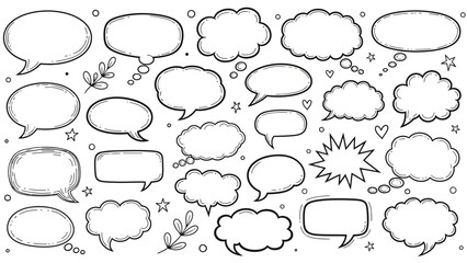 Hand drawn speech bubbles collection with doodle style elements and decorations