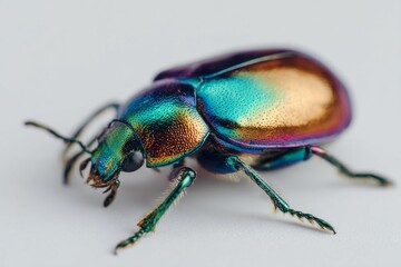 Naklejka premium A metallic iridescent beetle with a vibrant green, blue, gold, and purple shell rests on a clean white background.