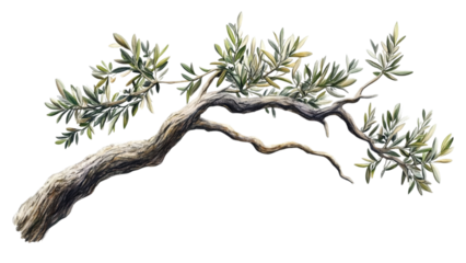 Ancient twisted bonsai tree branch with delicate green leaves against a transparent background