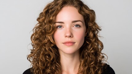 Close-up portrait of a brown-haired woman with curly hair, friendly expression and white studio background