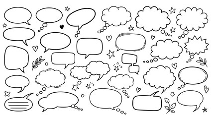 Fototapeta premium Hand drawn speech bubbles and thought bubbles doodle set in black and white