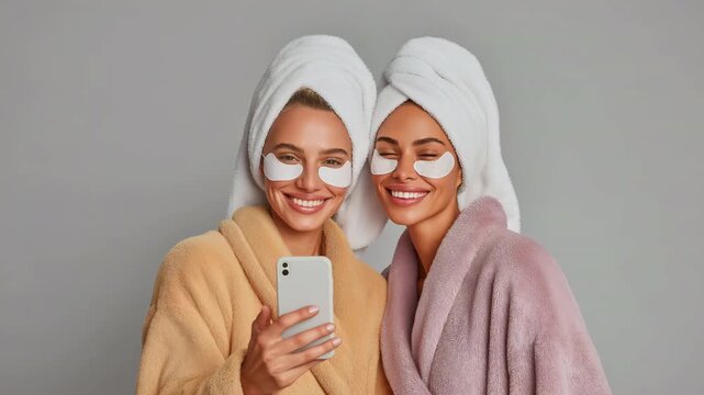 Two contented ladies with towels on their heads and under-eye patches are snapping selfies.