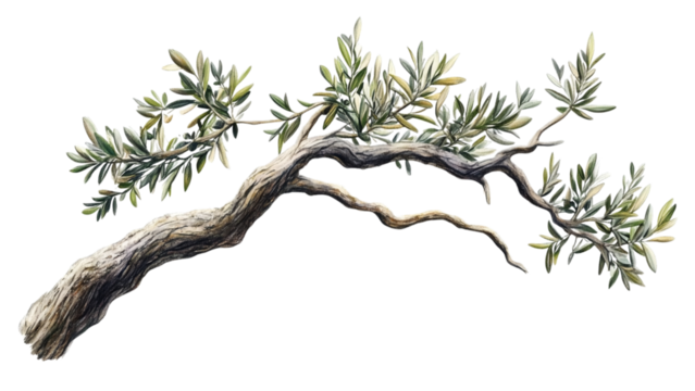 Ancient twisted bonsai tree branch with delicate green leaves against a transparent background
