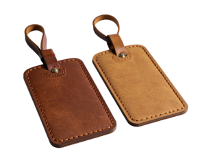 Two leather luggage tags with straps on a black background